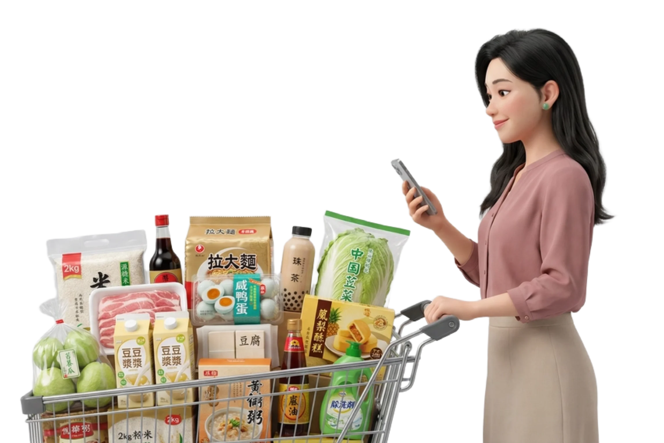 一位正在超市手推車旁開心使用 SpesaZen 軟體的女士